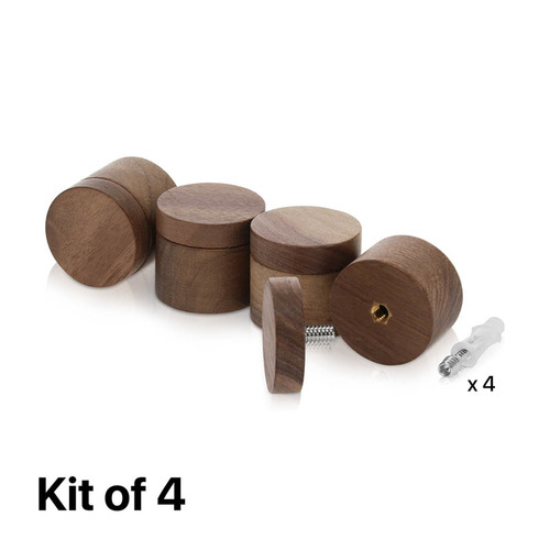 (Set of 4) 1-1/2'' Diameter X 1'' Barrel Length, Wooden Flat Head Standoffs, Matte Walnut Wood Finish, Easy Fasten Standoff, Included Hardware (For Inside Use) [Required Material Hole Size: 5/16'']